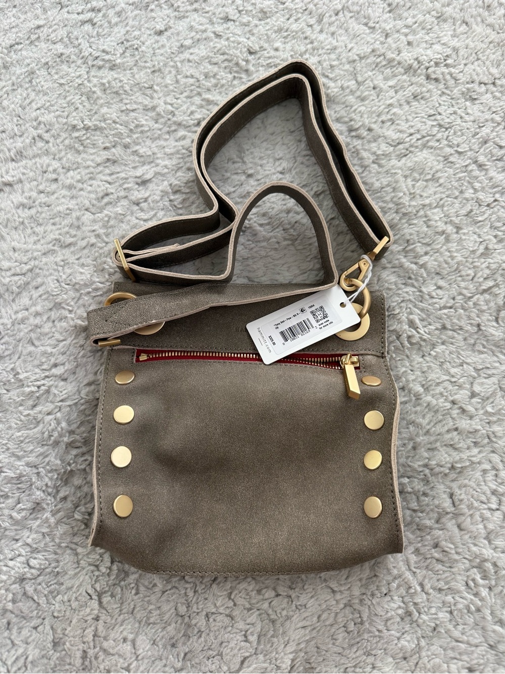NWT Hammitt Small Kyle Pewter Brushed Gold Red Zip Nubuck Leather Bag $325 MSRP